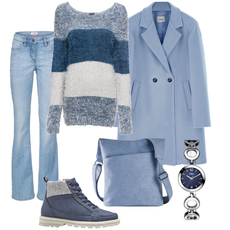 Outfit donna - Oversize tra cielo e mare. Stile Trendy per Tutti i giorni. Abbinamento con jeans bootcut, stivaletti, maglieria, borse a tracolla, cappotti, orologi.