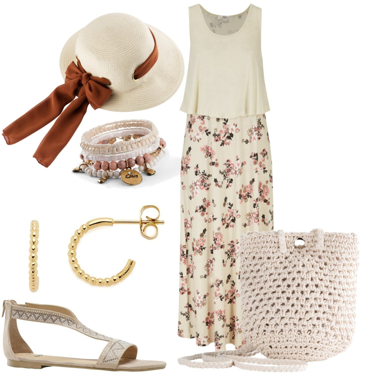 Outfit donna - Stile campagnola. Stile Trendy per Tutti i giorni. Abbinamento con vestiti lunghi, braccialetti, borse a tracolla, sandali, cappelli, orecchini.