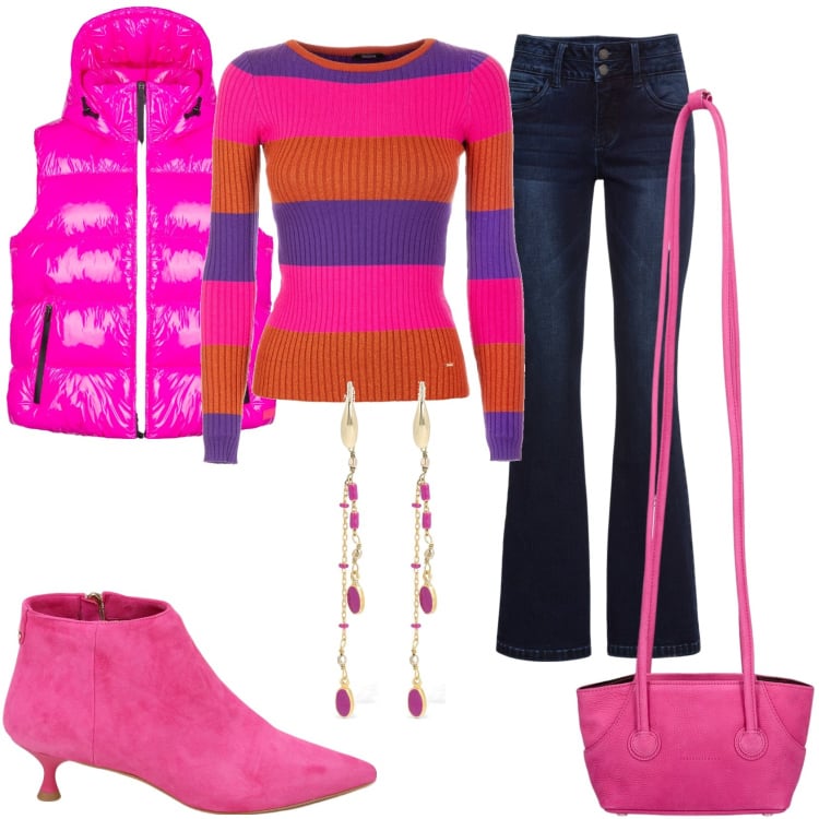 Outfit donna - Colore colore e jeans. Stile Casual chic per Tutti i giorni. Abbinamento con jeans bootcut, maglieria, stivaletti, piumini, orecchini, shopping bag.