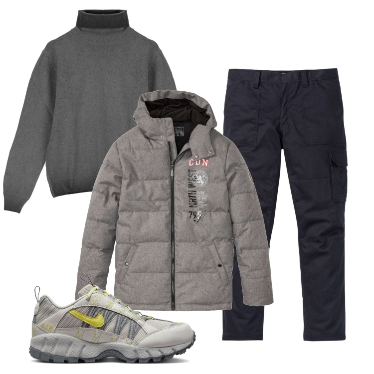 Outfit uomo - Inverno. Stile Trendy per Tutti i giorni. Abbinamento con giacche, pantaloni cargo, maglieria, sneakers.