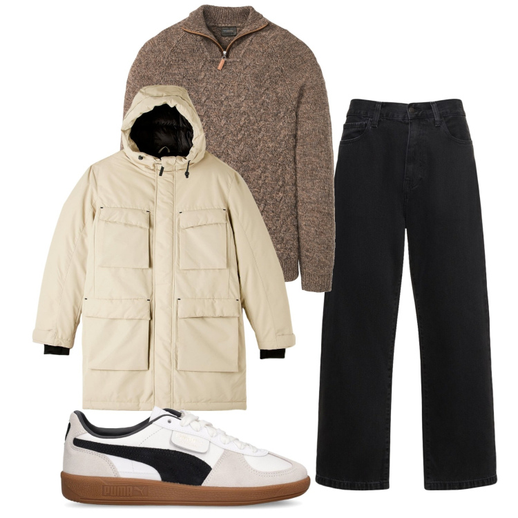 Outfit uomo - Inverno. Stile Casual per Tutti i giorni. Abbinamento con maglieria, parka, jeans, sneakers.