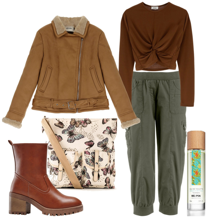 Outfit donna - Inverno - Butterflies. Stile Urban per Tutti i giorni. Abbinamento con stivaletti, borse a tracolla, pantaloni sportivi, profumi, cappotti, maglieria.