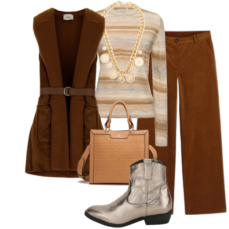 Outfit donna - Total look #1804903. Stile Casual per Tutti i giorni. Abbinamento con pantaloni, collane, gilet, stivaletti texani, borse tote, maglieria.