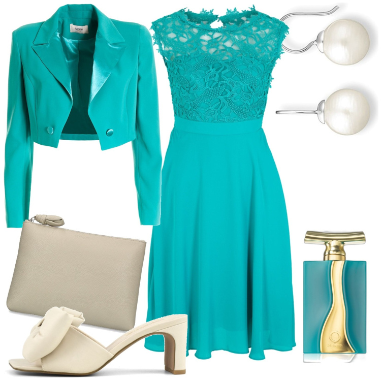 Outfit donna - Total look #1804909. Stile Romantica per Cerimonia. Abbinamento con vestiti, profumi, blazer, sandali col tacco, orecchini, pochette.