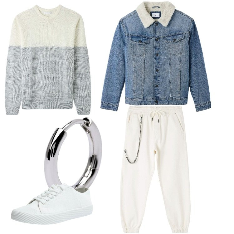 Outfit uomo - Total look #1804911. Stile Trendy per Tutti i giorni. Abbinamento con pantaloni sportivi, maglieria, giacche, sneakers, orecchini.