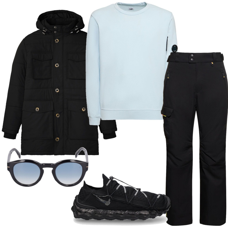 Outfit uomo - All\' aperto. Stile Casual per Tutti i giorni. Abbinamento con parka, sneakers, pantaloni, felpe, occhiali da sole.