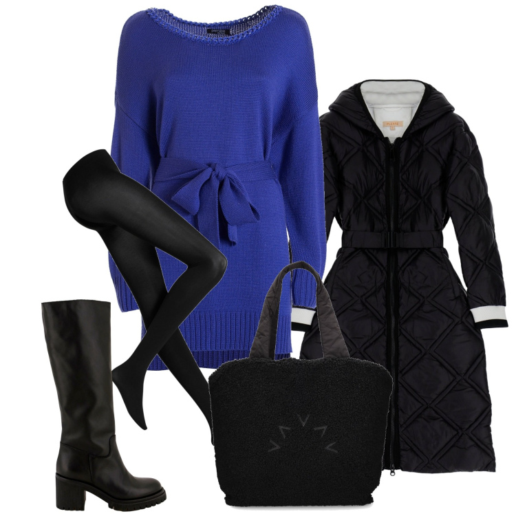Outfit donna - Inverno. Stile Urban per Tutti i giorni. Abbinamento con collant, stivali sopra il ginocchio, piumini, vestiti midi/longuette, shopping bag.