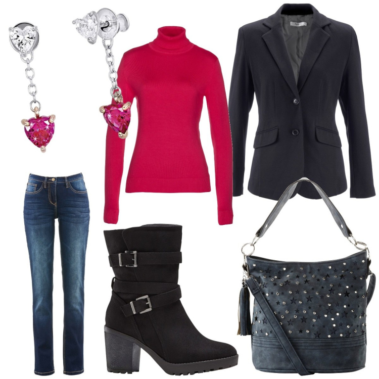 Outfit donna - Orecchini rossi. Stile Casual chic per Tutti i giorni. Abbinamento con jeans dritti, maglieria, borse a tracolla, blazer, stivali, orecchini.