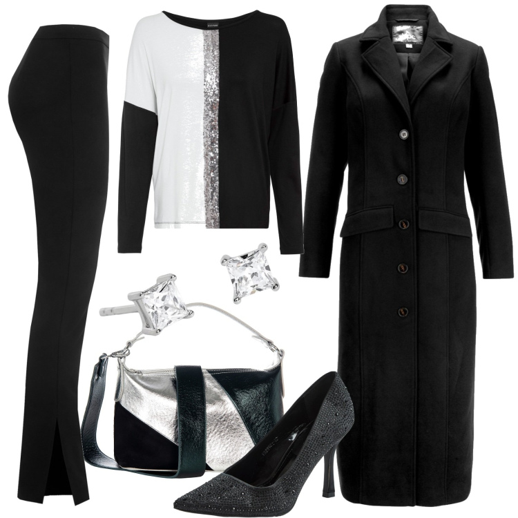Outfit donna - Punti luce per i lobi. Stile Chic per Serata fuori. Abbinamento con maglieria, cappotti, décolleté, orecchini, pantaloni, borse a mano.