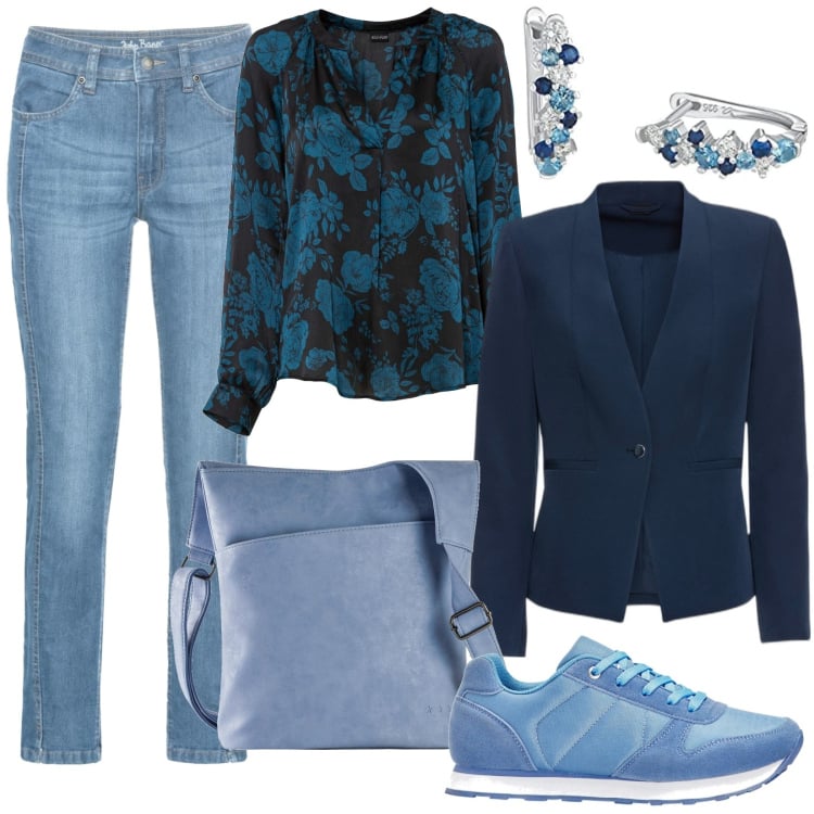 Outfit donna - Total look #1804947. Stile Casual per Ufficio. Abbinamento con blazer, tuniche, jeans, sneakers, borse a tracolla, orecchini.
