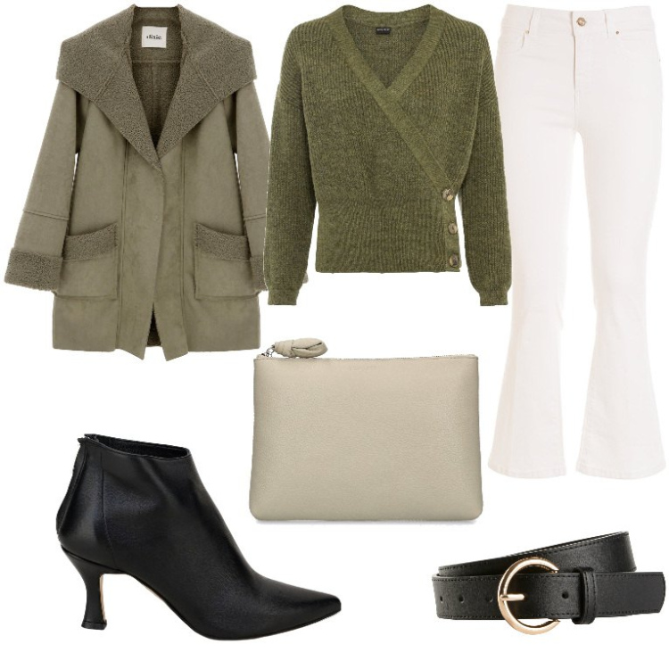 Outfit donna - Street style gennaio 2. Stile Trendy per Tutti i giorni. Abbinamento con maglieria, cinture, jeans, blazer, stivaletti, pochette.