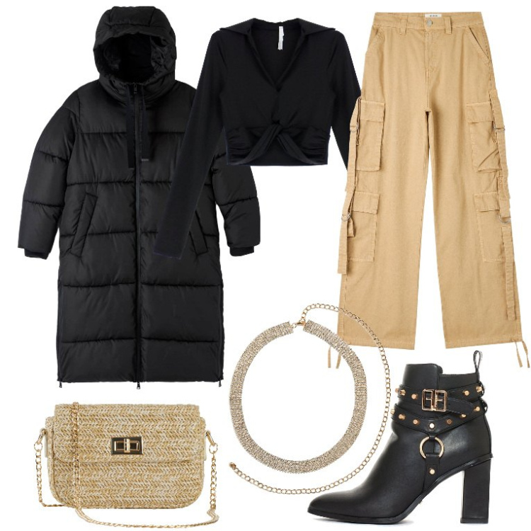 Outfit donna - Mixa gli stili a gennaio. Stile Trendy per Tutti i giorni. Abbinamento con borse a mano, pantaloni cargo, piumini, collane, stivaletti, maglieria.