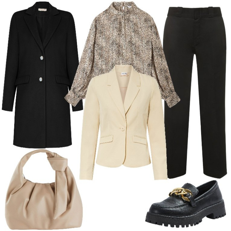 Outfit donna - Giovedi in ufficio a gennaio. Stile Urban per Ufficio. Abbinamento con blazer, borse a mano, bluse, mocassini, cappotti, pantaloni.