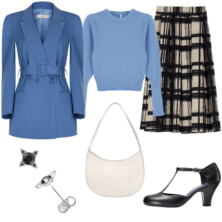 Outfit donna - Lunedi di gennaio in ufficio bon ton. Stile Bon Ton per Ufficio. Abbinamento con décolleté, blazer, pullovers, gonne longuette, orecchini, borse a spalla.