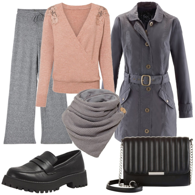 Outfit donna - Rosa e grigio. Stile Casual per Tutti i giorni. Abbinamento con foulard, maglieria, trench, borse a tracolla, pantaloni, mocassini.