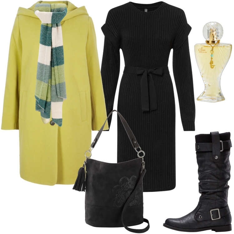 Outfit donna - Total look #1804983. Stile Casual per Tutti i giorni. Abbinamento con borse a mano, vestiti, stivali sopra il ginocchio, cappotti, profumi, sciarpe.