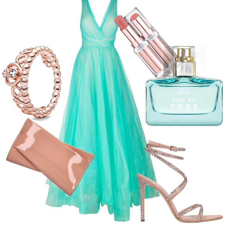 Outfit donna - Una serata da principessa. Stile Glamour per Cerimonia. Abbinamento con rossetti, profumi, vestiti, pochette, anelli, sandali in pelle.