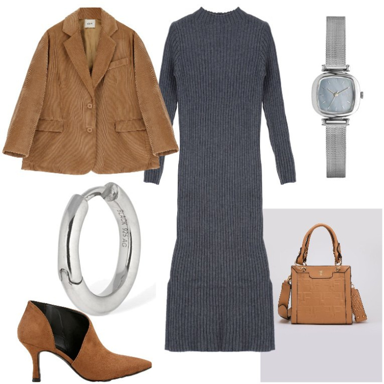 Outfit donna - Venerdi in ufficio a gennaio. Stile Casual chic per Ufficio. Abbinamento con borse tote, vestiti midi/longuette, stivaletti, blazer, orologi, orecchini.