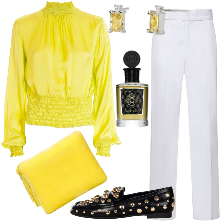 Outfit donna - Total look #1804989. Stile Chic per Tutti i giorni. Abbinamento con profumi, orecchini, mocassini, bluse, pantaloni, pochette.