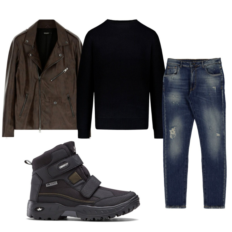 Outfit uomo - Total look #1805002. Stile Biker Rock per Tutti i giorni. Abbinamento con stivali e stivaletti, cappotti, jeans slim fit, maglieria.