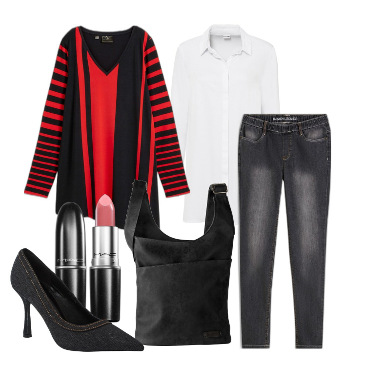 Outfit donna - Ghost outfitter - gennaio. Stile Trendy per Ufficio. Abbinamento con jeggings, borse a tracolla, maglieria, camicie, rossetti, décolleté.