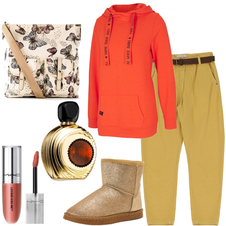 Outfit donna - Total look #1805007. Stile Casual per Tutti i giorni. Abbinamento con felpe con cappuccio, borse a tracolla, profumi, rossetti, stivali, pantaloni.