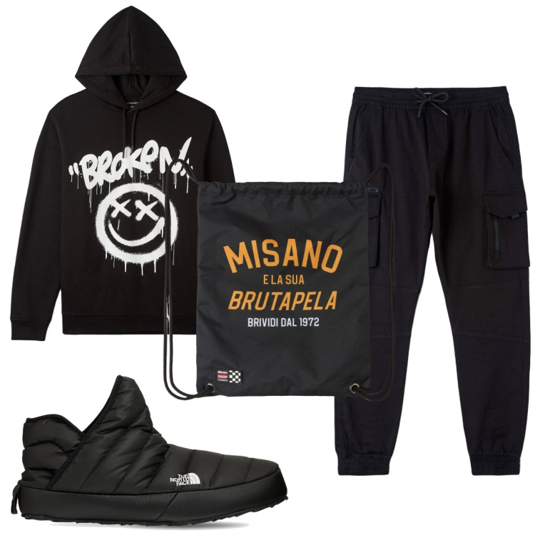 Outfit uomo - Total look #1805021. Stile Trendy per Sport. Abbinamento con borse sportive, felpe con cappuccio, pantaloni cargo, stivali.