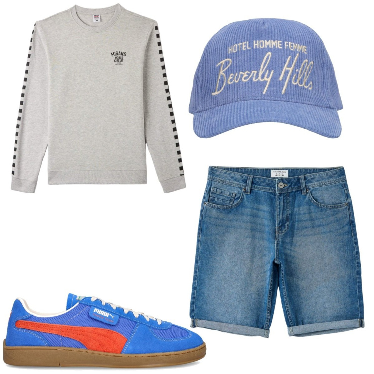 Outfit uomo - Total look #1805030. Stile Trendy per Tutti i giorni. Abbinamento con felpe, bermuda, sneakers, cappelli.