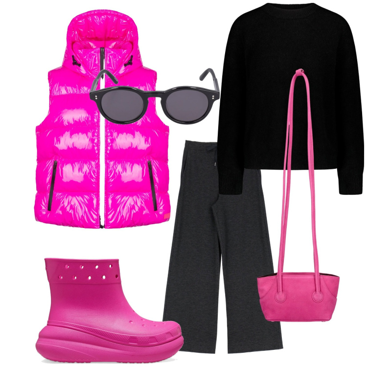 Outfit donna - Total look #1805040. Stile Urban per Tutti i giorni. Abbinamento con pantaloni a palazzo, piumini, maglieria, occhiali da sole, stivali di gomma, shopping bag.