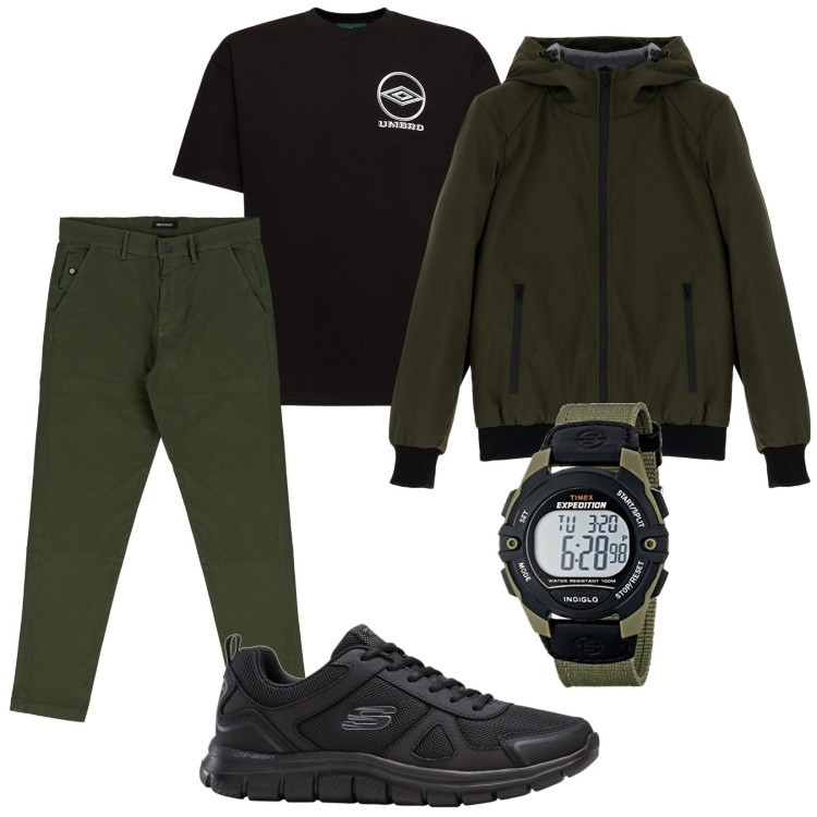 Outfit uomo - Total look #1805041. Stile Urban per Tutti i giorni. Abbinamento con sneakers, pantaloni, cappotti, orologi digitali, t-shirt.