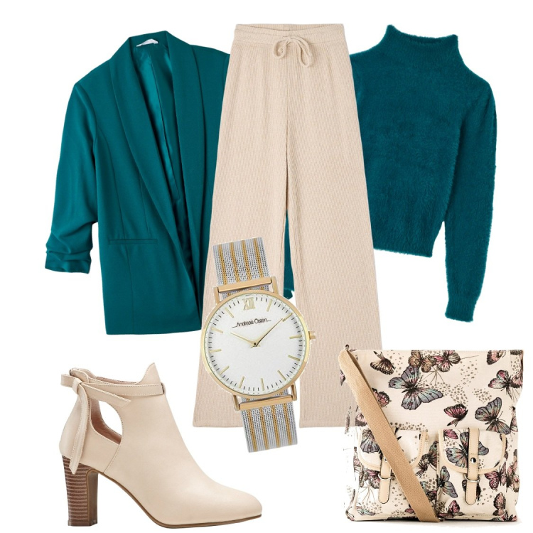 Outfit donna - Coordinato ottanio. Stile Casual chic per Ufficio. Abbinamento con borse a tracolla, stivaletti, pantaloni, blazer, maglieria, orologi.