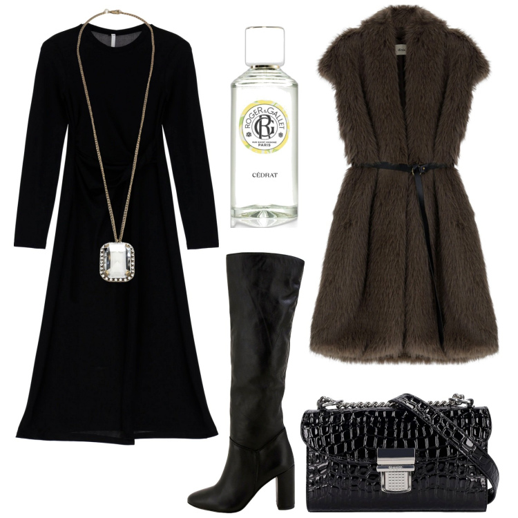 Outfit donna - Il vestito con lo spacco. Stile Trendy per Serata fuori. Abbinamento con profumi, vestiti midi/longuette, stivali, cappotti, collane, borse a spalla.