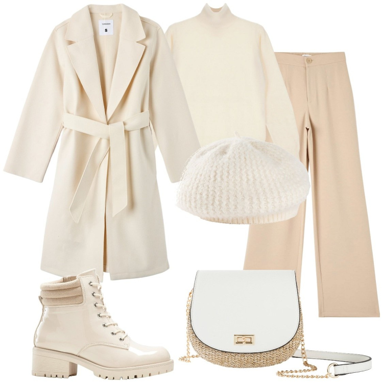 Outfit donna - Il basco color panna. Stile Casual chic per Tutti i giorni. Abbinamento con borse a tracolla, stivaletti, cappelli e berretti, pantaloni, cappotti, maglieria.