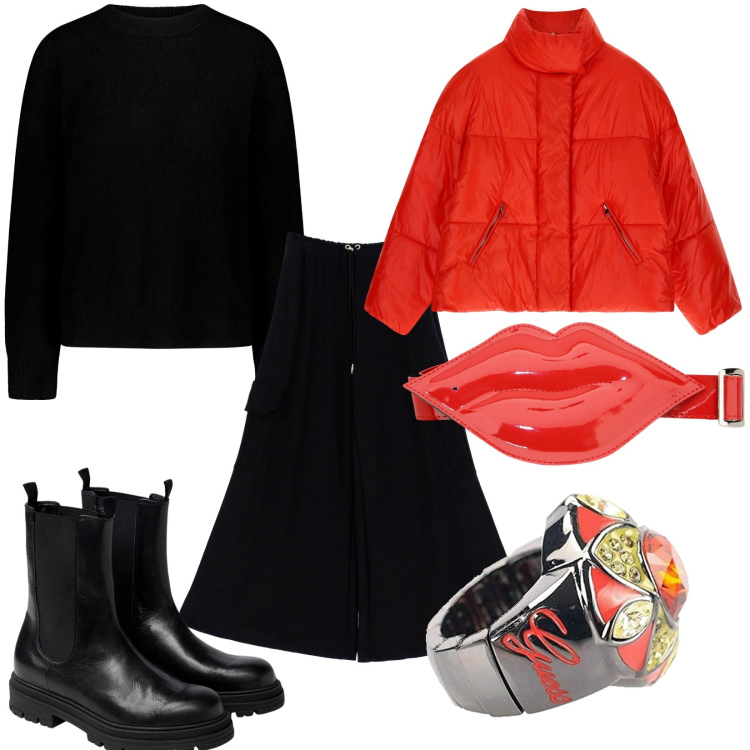 Outfit donna - Total look #1805062. Stile Trendy per Tutti i giorni. Abbinamento con pantaloni a palazzo, piumini, cinture, maglieria, anelli, stivaletti chelsea.