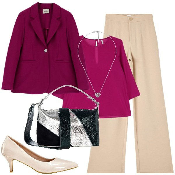 Outfit donna - Completo spezzato da ufficio. Stile Bon Ton per Ufficio. Abbinamento con décolleté, pantaloni, borse a mano, camicie, giacche, collane.