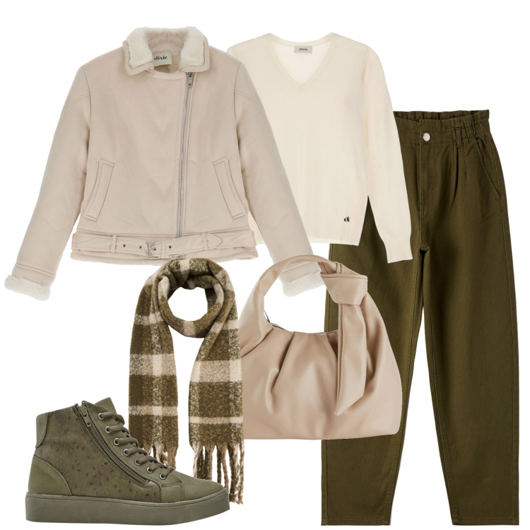 Outfit donna - City. Stile Trendy per Tutti i giorni. Abbinamento con borse a mano, sneakers alte, pantaloni, sciarpe, cappotti, pullovers.