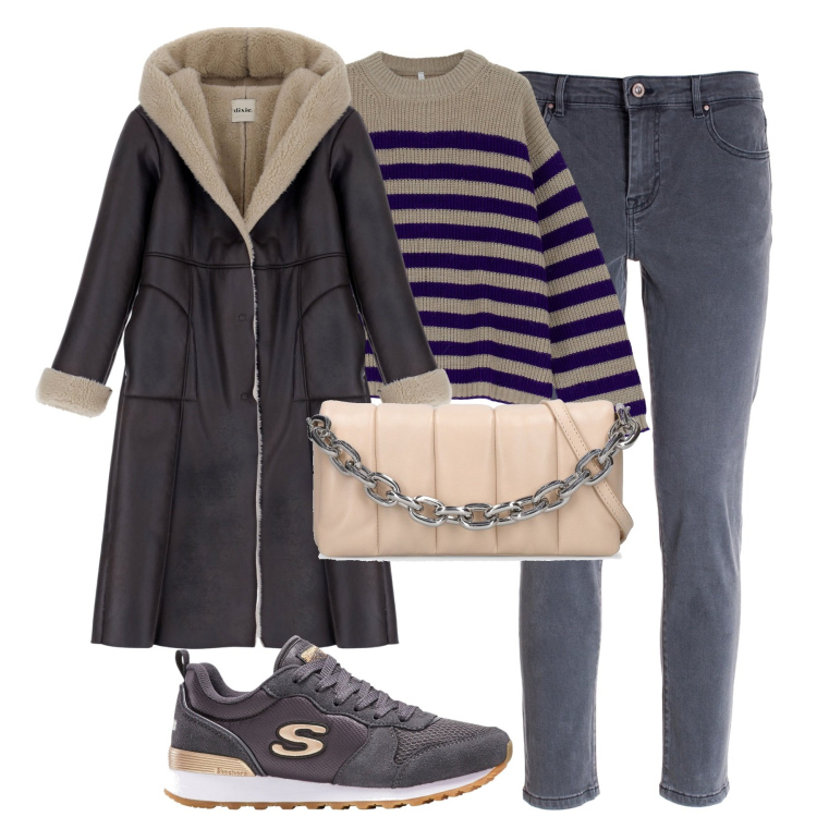 Outfit donna - City. Stile Trendy per Tutti i giorni. Abbinamento con sneakers, jeans skinny, maglieria, cappotti, borse a spalla.