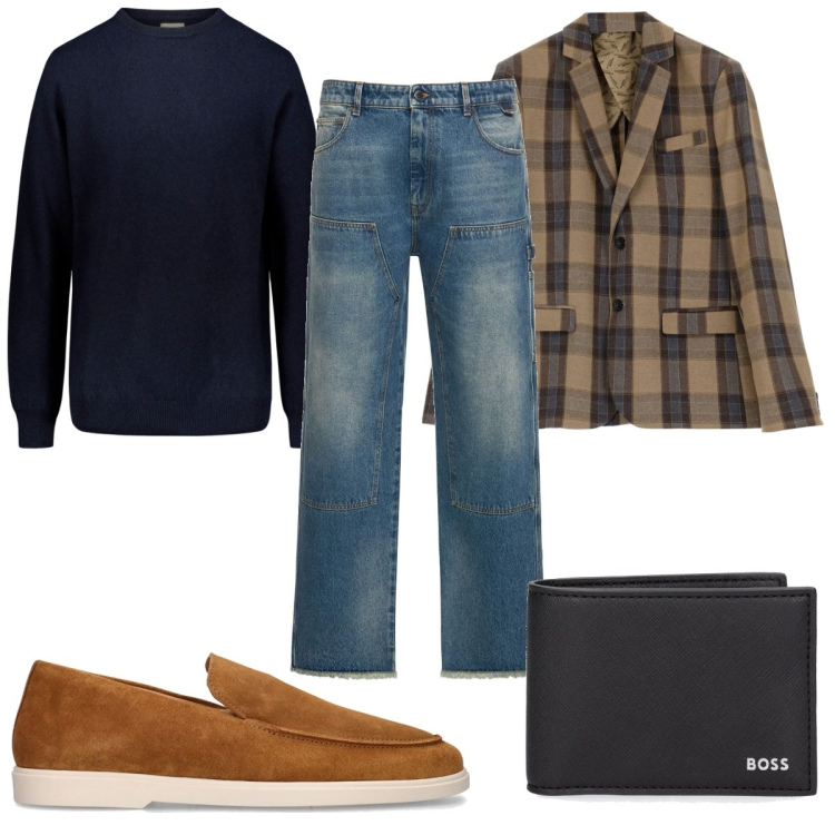 Outfit uomo - Total look #1805091. Stile Trendy per Tutti i giorni. Abbinamento con cappotti, maglieria, scarpe stringate, portafogli, jeans.