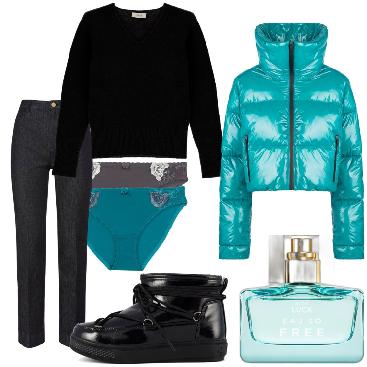 Outfit donna - Total look #1805094. Stile Urban per Tutti i giorni. Abbinamento con culotte, profumi, pullovers, blazer, jeans dritti, stivali da neve.