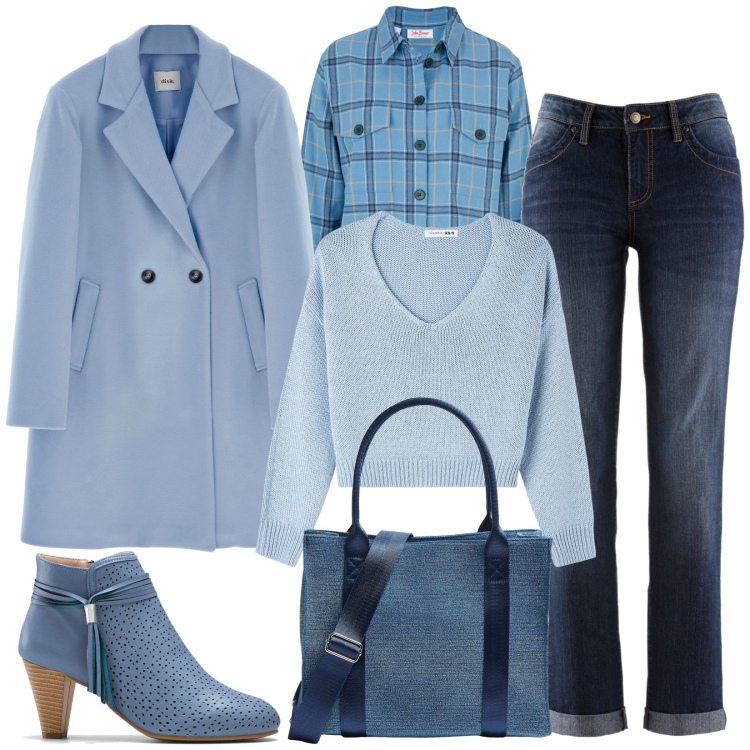 Outfit donna - Informale, nei toni del blu. Stile Urban per Tutti i giorni. Abbinamento con jeans dritti, camicie, stivaletti, maglieria, shopping bag, cappotti.