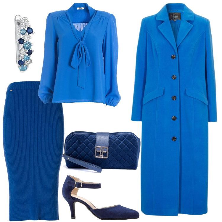 Outfit donna - Serata chic in blu. Stile Chic per Cerimonia. Abbinamento con décolleté, cappotti, bluse, gonne longuette, pochette, orecchini.