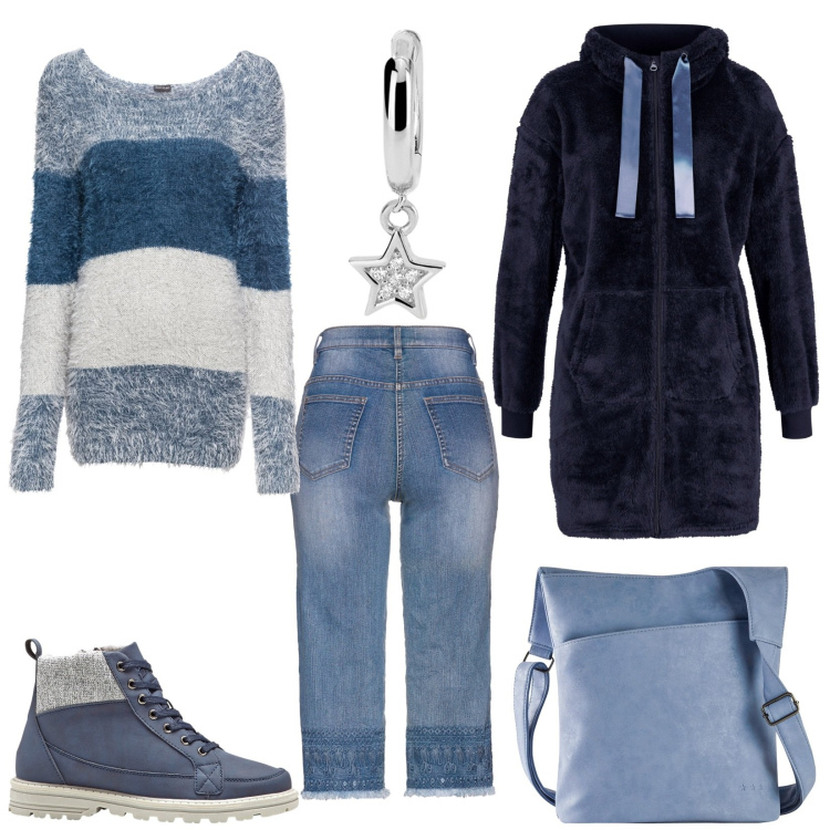 Outfit donna - Basic per tutti i giorni. Stile Basic per Tutti i giorni. Abbinamento con jeans, stivaletti, cappotti, maglieria, borse a tracolla, orecchini.