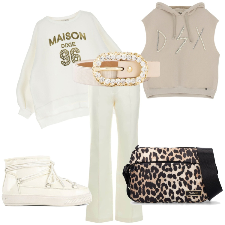 Outfit donna - Bianco panna casual. Stile Casual per Tutti i giorni. Abbinamento con felpe con cappuccio, felpe, cinture, stivali da neve, borse a spalla, pantaloni.