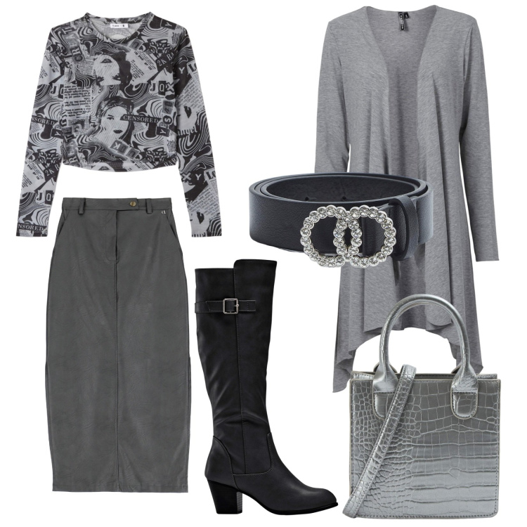 Outfit donna - Trendy nei toni del grigio. Stile Trendy per Tutti i giorni. Abbinamento con stivali, cardigans, t-shirt, shopping bag, cinture, gonne lunghe.