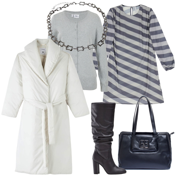 Outfit donna - Il piumino bianco, lungo. Stile Bon Ton per Ufficio. Abbinamento con cardigans, stivali sopra il ginocchio, piumini, borse a mano, vestiti corti, collane.