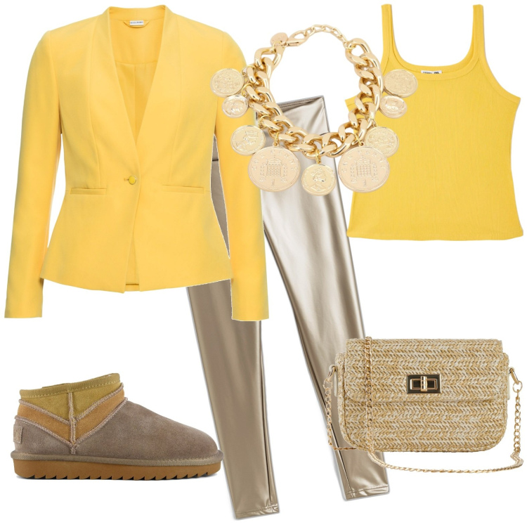 Outfit donna - Un po\' di colore. Stile Casual per Tutti i giorni. Abbinamento con blazer, leggings, borse a mano, top, braccialetti, stivali sopra il ginocchio.