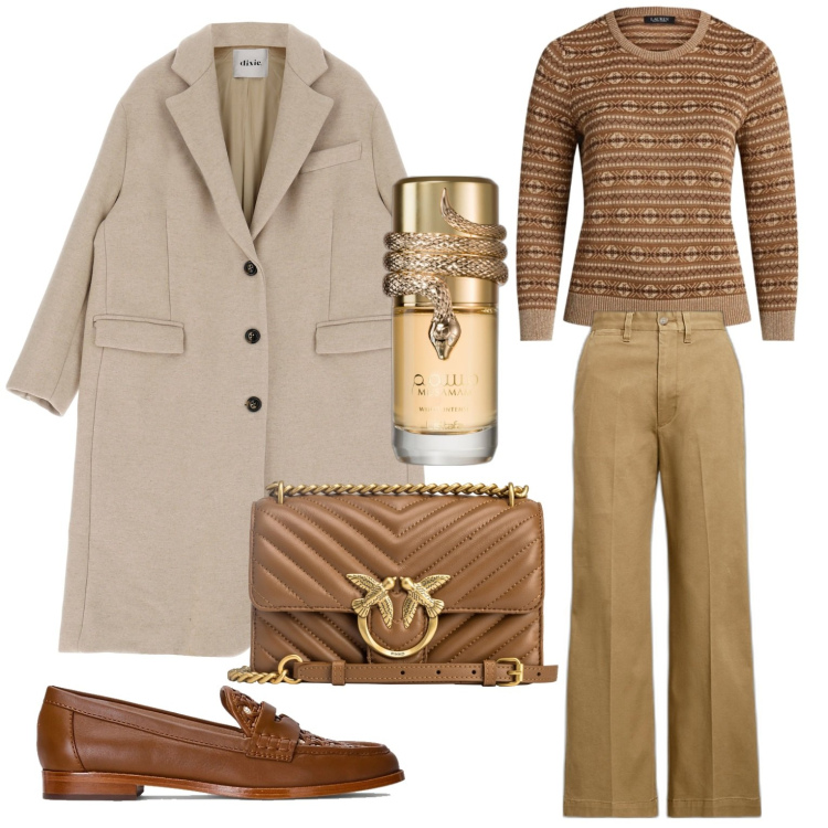Outfit donna - Riflessi di castagno. Stile Vintage retrò per Tutti i giorni. Abbinamento con profumi, borse a tracolla, cappotti, pantaloni chino, mocassini, maglieria.