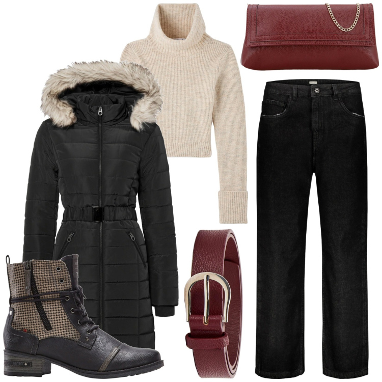 Outfit donna - Casual inverno. Stile Casual per Tutti i giorni. Abbinamento con giacche, stivaletti, cinture, maglieria, pochette, jeans.