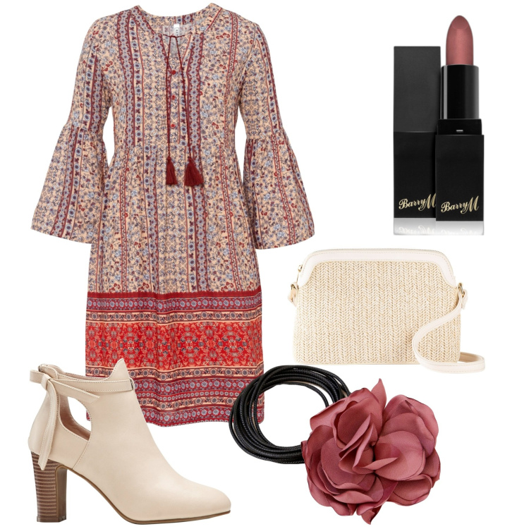 Outfit donna - Direzione primavera. Stile Boho per Ufficio. Abbinamento con borse a tracolla, vestiti, stivaletti, rossetti, collane.