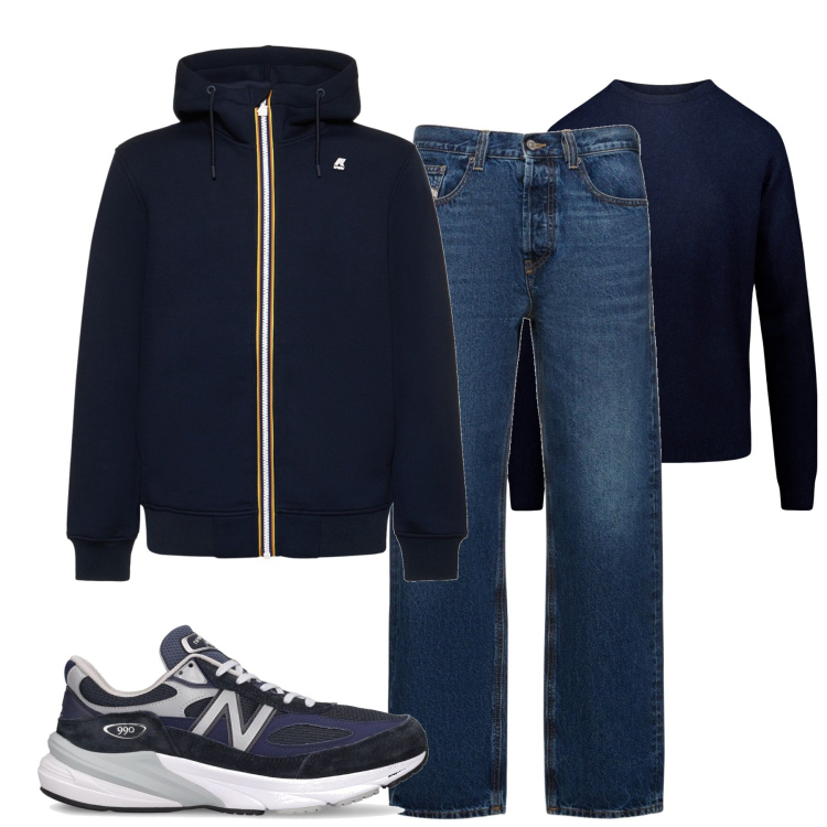Outfit uomo - K-Way blu. Stile Casual per Tutti i giorni. Abbinamento con maglieria, cappotti, sneakers, jeans dritti.